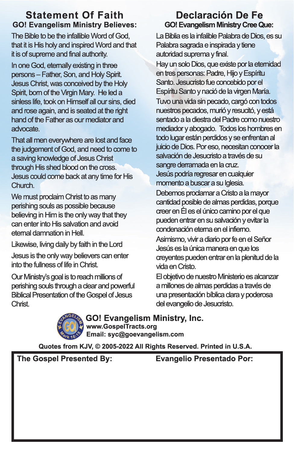 English & Spanish Rapture Gospel Bible Tracts - BibleTracts.org - GO! Evangelism
